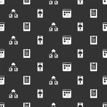 Set Loading data window, Server, Data report, Cloud technology transfer and on Illustrazione stock