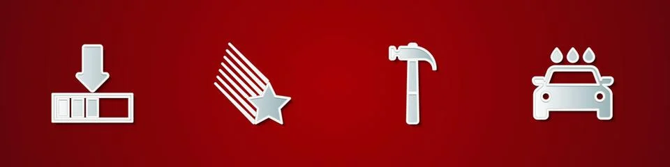 Set Loading, Falling star, Hammer and Car wash icon. Vector Stock Illustration