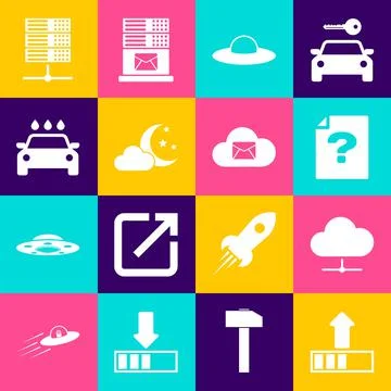 Set Loading, Network cloud connection, Unknown document, UFO flying spaceship イラスト素材