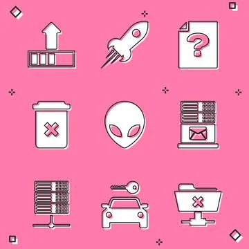 Set Loading, Rocket ship with fire, Unknown document, Trash can, Alien and Mail Stock-Illustration
