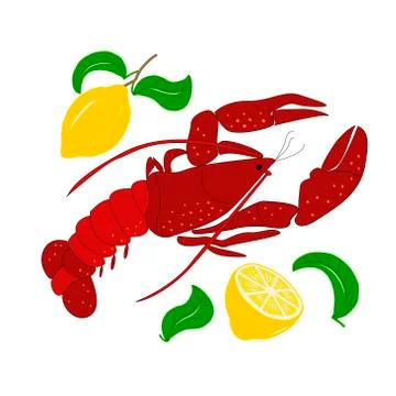 Set of lobster, lemons and leaflets on a white background in vector graphics Stock Illustration