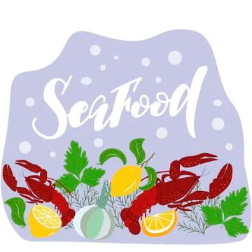 Set of lobster, lemons and leaflets on a blue background in vector graphics. For Stock Illustration