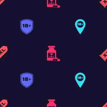 Set Location with 18 plus, Shield, Bottle pills for potency and Condom safe sex Stock Illustration