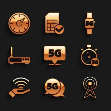 Set Location 5G network, Antenna, Digital speed meter, Router and wi-fi sig.. Stock Illustration
