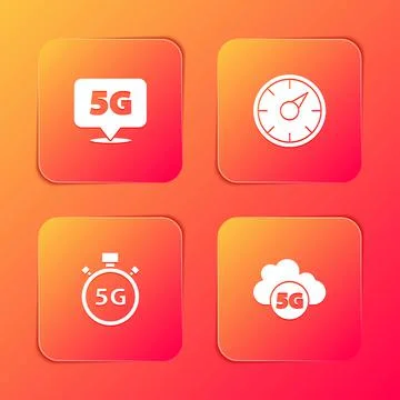 Set Location 5G network, Digital speed meter, and Cloud icon. Vector Stock Illustration