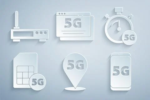 Set Location 5G network, Digital speed meter, Sim Card, Mobile with, and Router Stock Illustration