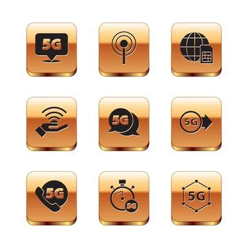 Set Location 5G network, Phone with, Digital speed meter, Globe Sim Card, and Stockillustratie
