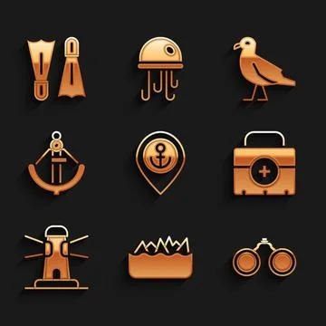 Set Location with anchor, Sharp stone reefs, Binoculars, First aid kit, Lig.. Stock Illustration