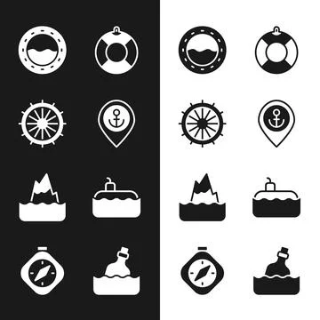 Set Location with anchor, Ship steering wheel, porthole, Lifebuoy, Iceberg,.. Stock-Illustration