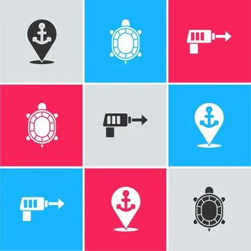 Set Location with anchor, Turtle and Fishing harpoon icon. Vector Stock Illustration