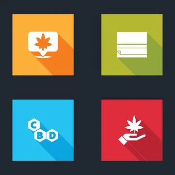 Set Location and cannabis, Rolling paper, Cannabis molecule and Marijuana or  Stock Illustration