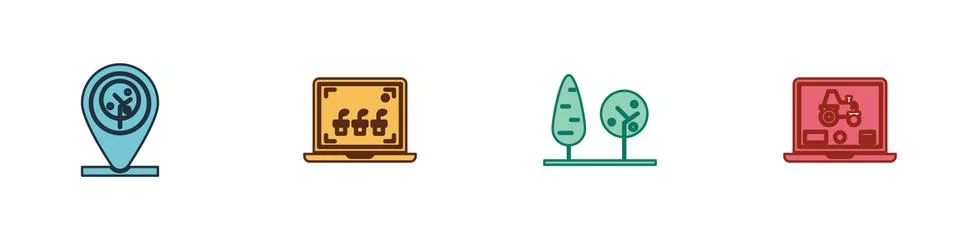 Set Location and tree, Smart farming technology, Trees and Laptop application Stock Illustration