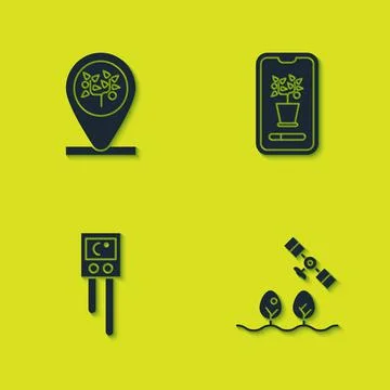 Set Location and tree, Smart farm with drone, Temperature humidity sensor and Illustrazione stock