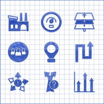 Set Location, Arrow, Pie chart infographic, Many ways directional arrow, Project Ilustración de archivo