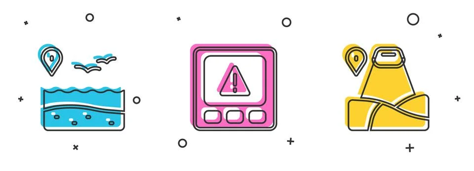 Set Location with beach, Gps device error and mountain icon. Vector Stock Illustration