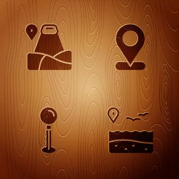 Set Location with beach, mountain, Push pin and on wooden background. Vector Illustrazione stock