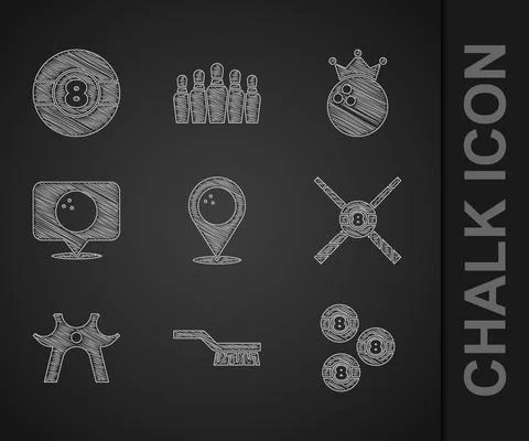 Set Location with bowling ball, Pool table brush, Billiard, Crossed billiard Stock Illustration