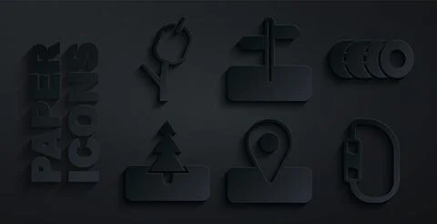 Set Location for camping, Blanket roll, Tree, Carabiner, Road traffic sign and Stock Illustration