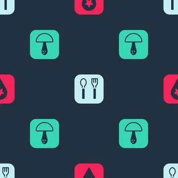 Set Location for camping, Fork and spoon and Mushroom on seamless pattern Stock Illustration