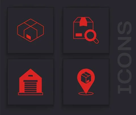 Set Location with cardboard box, Carton, Search package and Warehouse icon Illustrazione stock