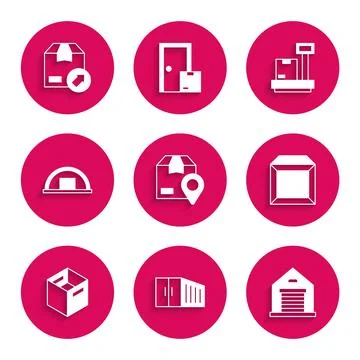 Set Location with cardboard box, Container, Warehouse, Carton, Scale and icon Stock Illustration