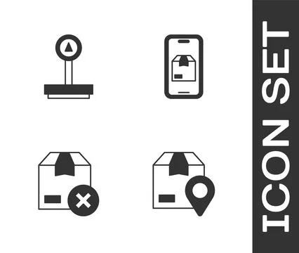 Set Location with cardboard box, Scale, Carton and Mobile app delivery trac.. Illustrazione stock