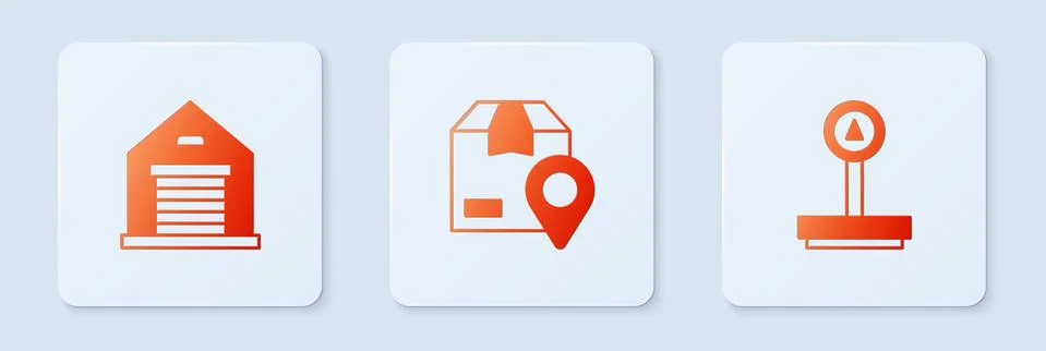 Set Location with cardboard box, Warehouse and Scale. White square button. Ve 库存插图