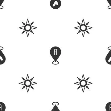 Set Location with check mark, and Wind rose on seamless pattern. Vector Stock Illustration