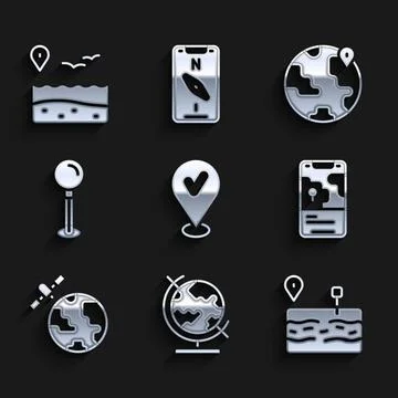 Set Location with check mark, Earth globe, Broken road, City map navigation 스톡 일러스트