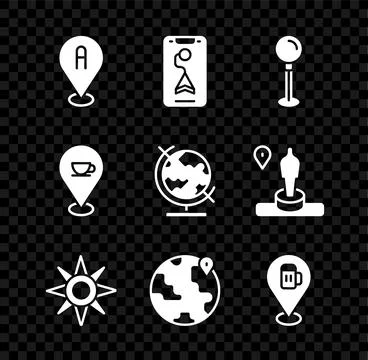 Set Location, City map navigation, Push pin, Wind rose, the globe, Alcohol .. Stock Illustration