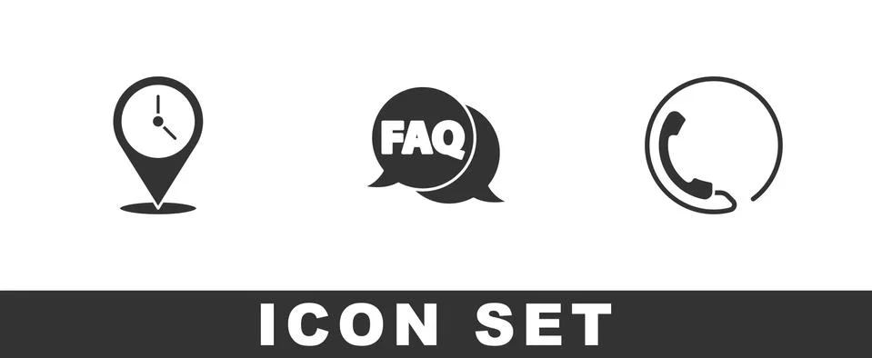 Set Location with clock, Speech bubble FAQ and Telephone 24 hours support icon Stock Illustration