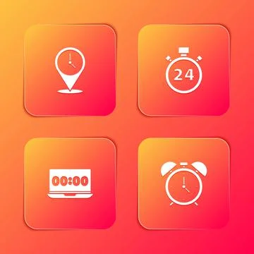 Set Location with clock, Stopwatch 24 hours, Clock laptop and Alarm icon. Vector Stock Illustration