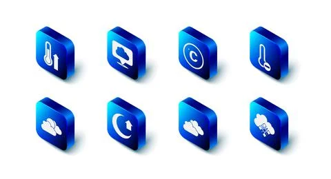 Set Location cloud, Celsius, Meteorology thermometer, Cloud with snow, Moon, Sun Stock Illustration