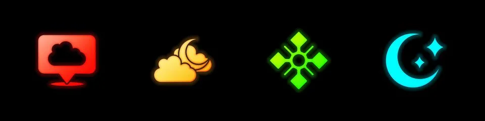 Set Location cloud, Cloud with moon, Snowflake and Moon and stars icon. Vector Stock Illustration