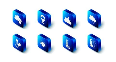 Set Location cloud, Cloud with moon, rain, Meteorology thermometer, Sunrise,  Illustrazione stock