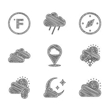 Set Location cloud, Cloud with moon, Sun and weather, snow sun, rain, Compass Illustrazione stock