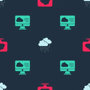 Set Location cloud, Cloud with rain and Weather forecast on seamless pattern Illustrazione stock