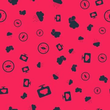 Set Location cloud, Cloud with rain, Compass and on seamless pattern. Vector 스톡 일러스트