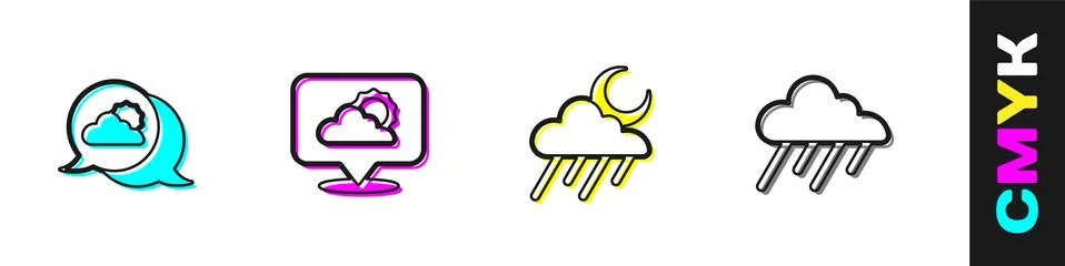 Set Location cloud, , Cloud with rain and moon and icon. Vector Stock Illustration