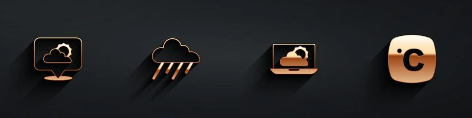 Set Location cloud, Cloud with rain, Weather forecast and Celsius icon with long Illustrazione stock
