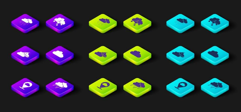 Set Location cloud, Cloud with rain, moon, and lightning and icon. Vector Illustrazione stock