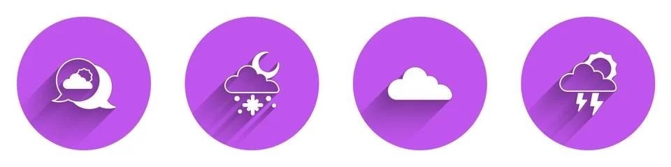 Set Location cloud, Cloud with snow and sun, and Storm icon with long shadow Illustrazione stock