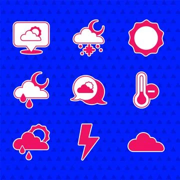 Set Location cloud, Lightning bolt, Cloud, Meteorology thermometer, with rain Stock Illustration