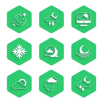 Set Location cloud, Man having headache, Cloud with rain and moon, Sunset Stock Illustration