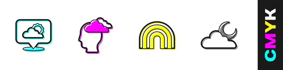 Set Location cloud, Man having headache, Rainbow and Cloud with moon icon Illustrazione stock