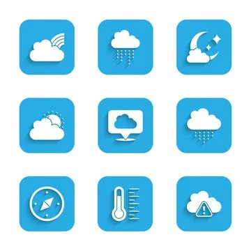 Set Location cloud, Meteorology thermometer, Storm warning, Cloud with rain Stock Illustration
