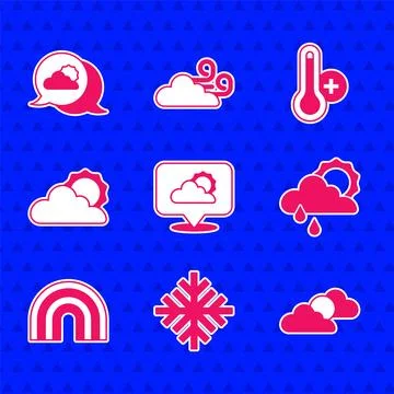 Set Location cloud, Snowflake, Sun and weather, Cloud with rain sun, Rainbo.. Stock Illustration