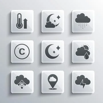 Set Location cloud, Storm, Cloud with rain and sun, Moon stars, snow, Celsius Stock Illustration