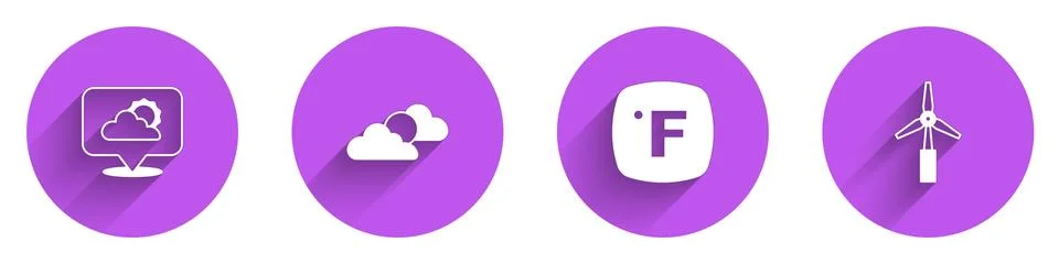 Set Location cloud, Sun and weather, Fahrenheit and Wind turbine icon with long Illustrazione stock