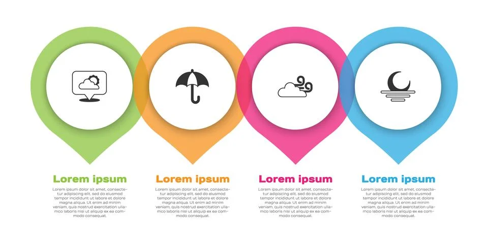 Set Location cloud, Umbrella, Windy weather and Sunset. Business infographic Stock Illustration